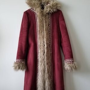 Burgundy Vegan Faux Fur Trimmed Coat
